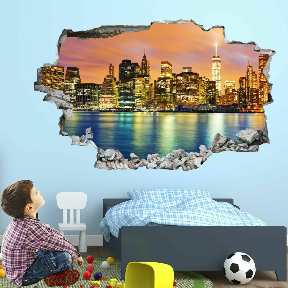 Adesivo Murale 3D Edificio Cittadino Adesivi Murali Smashed Art Impermeabile Lago Tatuaggio Da Parete In Vinile Per Bambini Sala Giochi Baby Nursery Home Decor 120x80cm