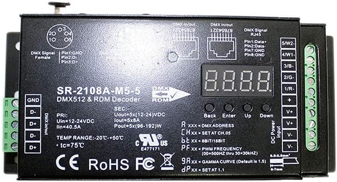 ICON-DMX5 RDM DMX512 Flicker Free Dimming 5 Channel UL PWM DMX DECODER Digital Display 5X8A 480W 40A W-RGB-WW RGB+CCT LED Light Control