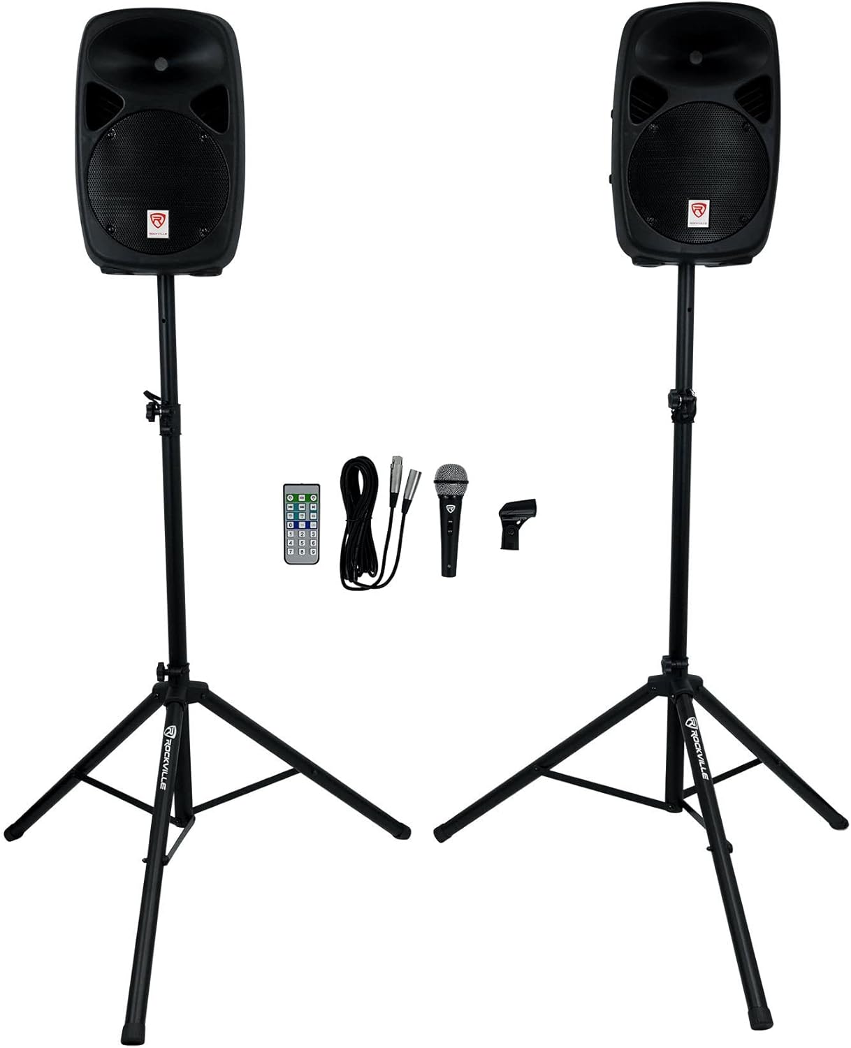 Rockville (2) 10" Powered Speakers+Stands w/Bluetooth for Backyard Movie Theater