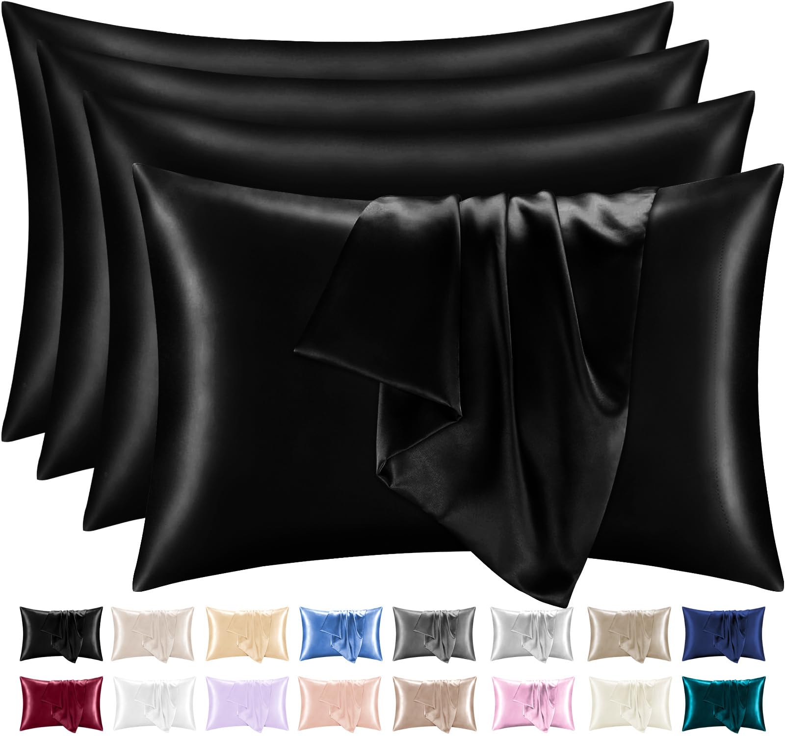 Lazzaro Home Feel The Difference 02 - Black Lazzaro Satin Silk Pillowcases For Hair And Skin - Hypoallergenic Silk Pillow Cases 4 Pack With Envelope Closure - Ultrasoft Standard Size Black Silk Pillowcases (50 X 75 Cm)