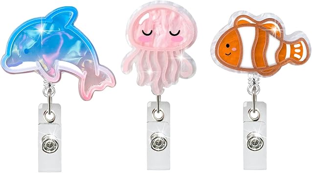 3PCS Ocean Series Badge Reels, Jellyfish, Dolphins and Clownfish Badge Holder Clip, Retractable 360Rotation ID Name Tag Card Badge Holder for Nurse Doctor