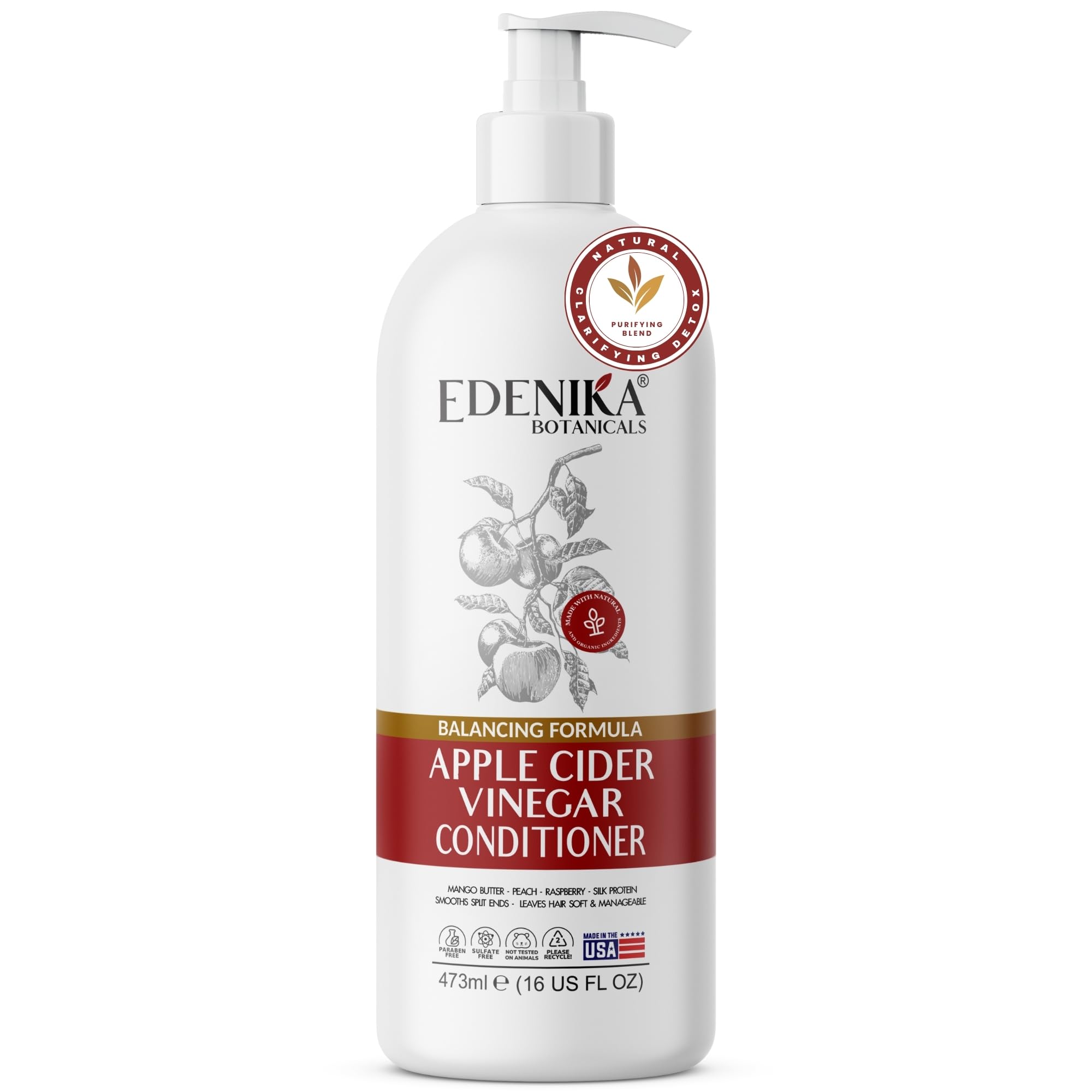 Edenika Botanicals Apple Cider Vinegar Conditioner Infused with Peach & Raspberry Oil, Hair Detangler & Hydration, ACV Hair/Scalp pH Balancing, For Locs & Curly, All Hair Types, Sulfate-Free, 16 fl oz