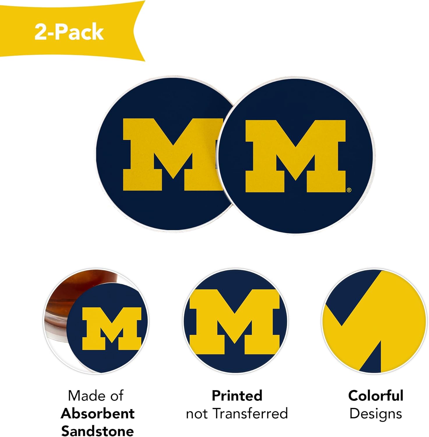 Desert Cactus University of Michigan Car Accessories UM Wolverines Absorbent Sandstone Cup Coasters Licensed Product Set of 2 (Design A) - Image 3