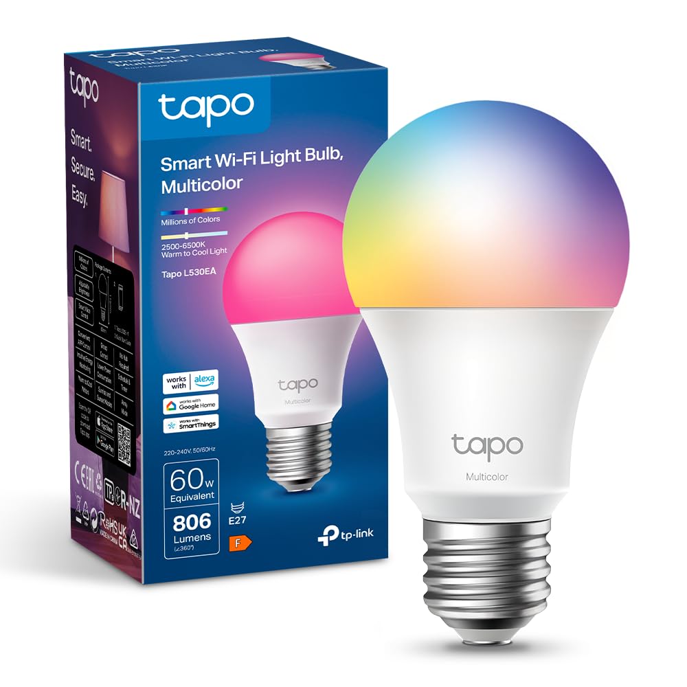 Tapo Tapo Smart Glühbirne E27, Kompatibel mit Alexa, Mehrfarbige dimmbare Funktion, 806 Lumen, Zeitpläne und Automatisierungen, Abwesenheitsmodus