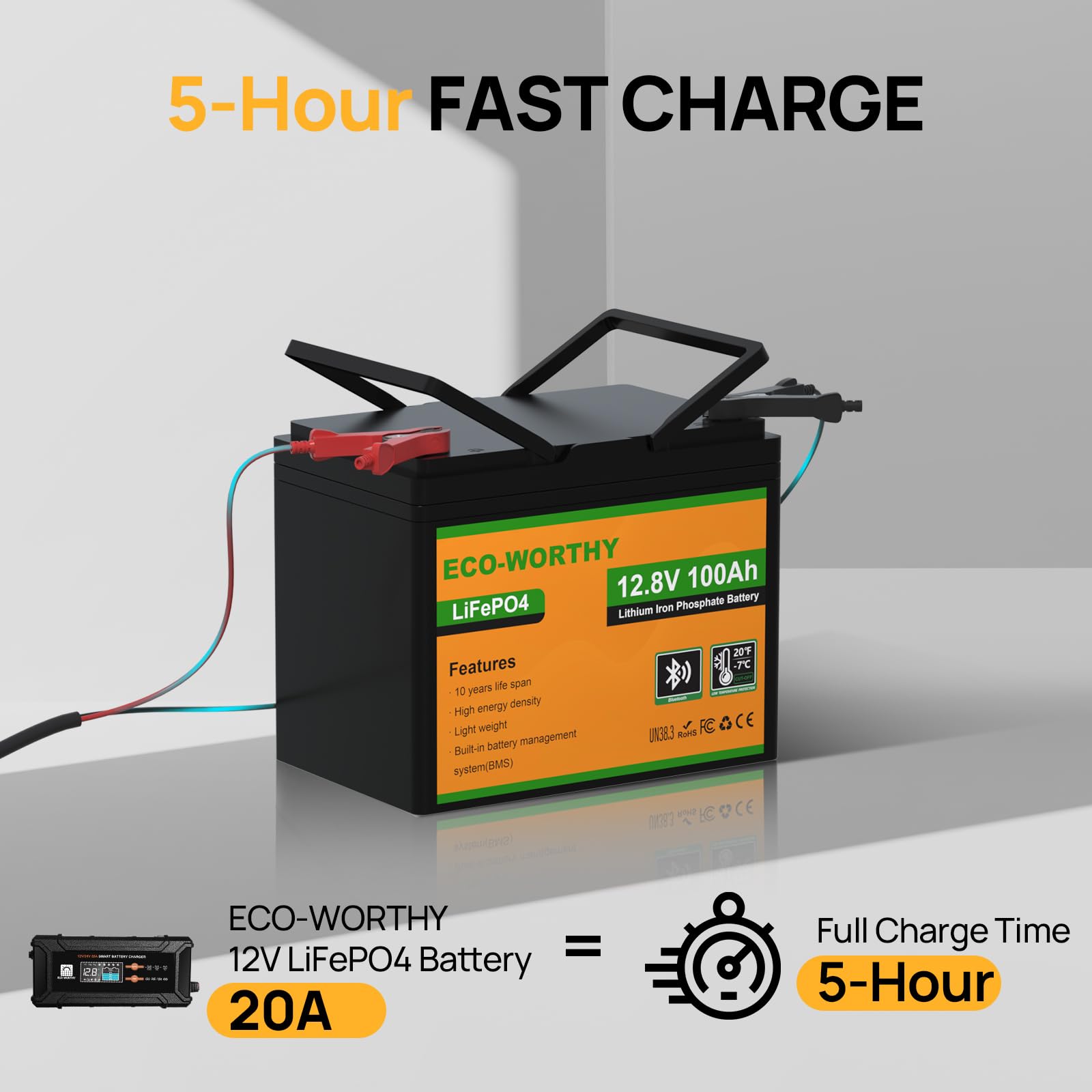 ECO-WORTHY Bateria litowa Bluetooth 12 V, 100 AH, LiFePO4 akumulator, inteligentny BMS, z ochroną w niskiej temperaturze, 1280 Wh do przyczep kamperów, samochodów kempingowych, łodzi