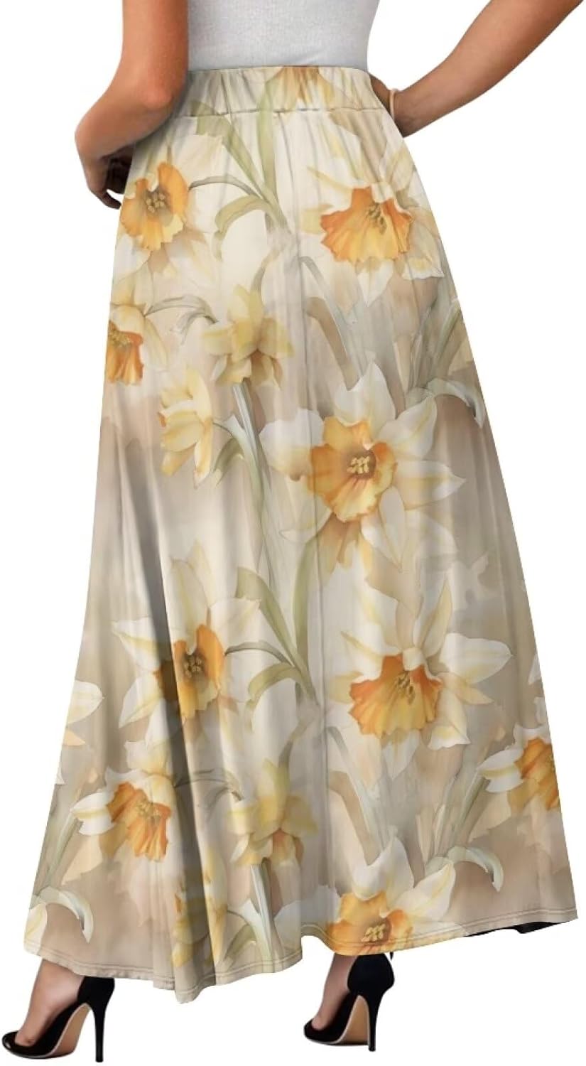 Irisjudy Women's Flowy Maxi Skirt Boho Totem Elastic Waist Long Skirts Magic Mushroom Swing Maxi Long Skirt Dress with Pocket