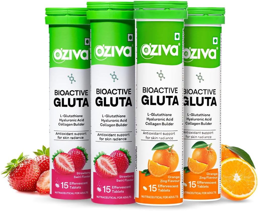 OZivaBioactive Glutathione Tablets for Radiant Skin - 60 Effervescent Tablets (Pack of 4) | L-Glutathione, Hyaluronic Acid, Lycopene For Skin Glow & Anti-Pigmentation | Strawberry Swirl and Orange
