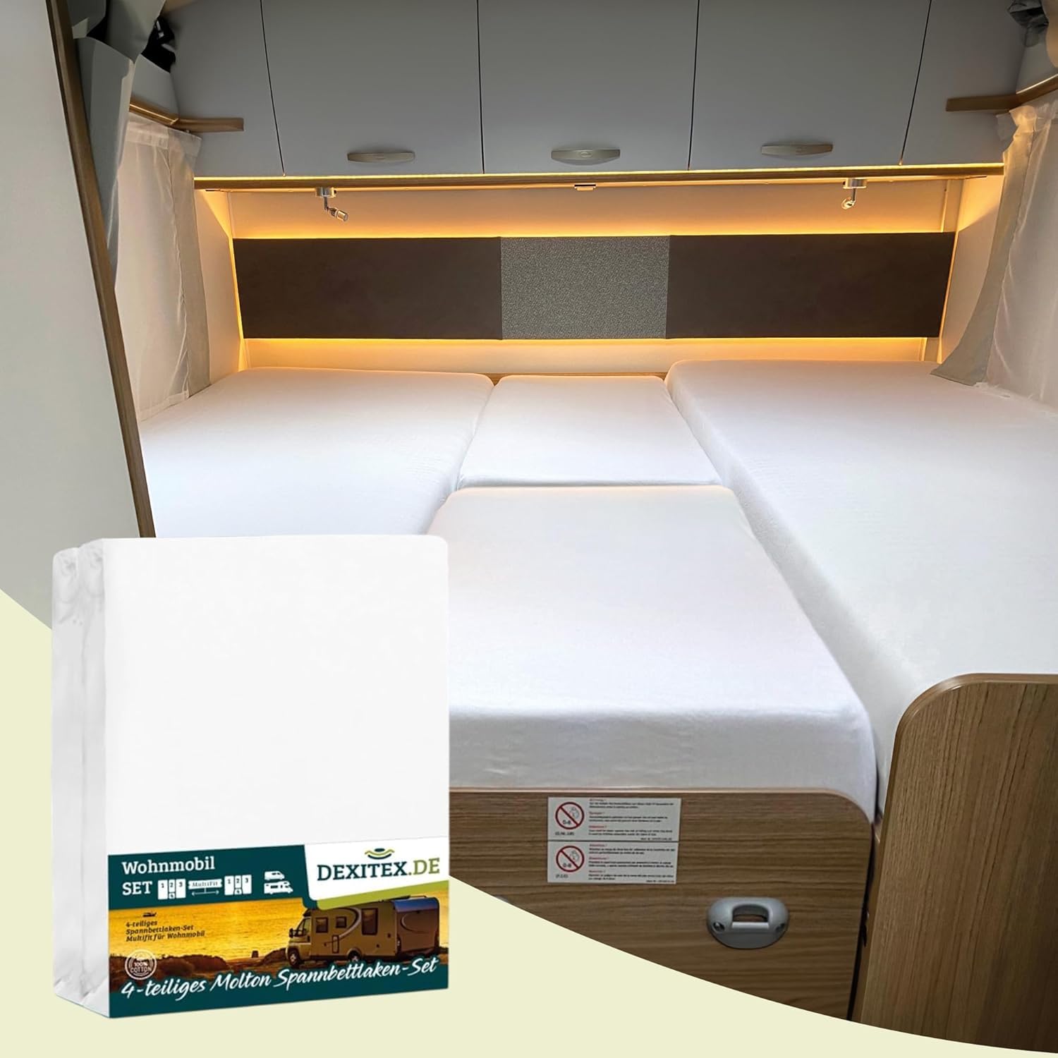 Matratzenschoner aus Flanell Wohnmobil 4 Teilig - komplete Set Weiß für Wohnmobil - Spannbettlaken Wohnmobil 4 Teilig - für Matratze Wohnmobil - Oeko-TEX 100% Baumw - 4 Teilig