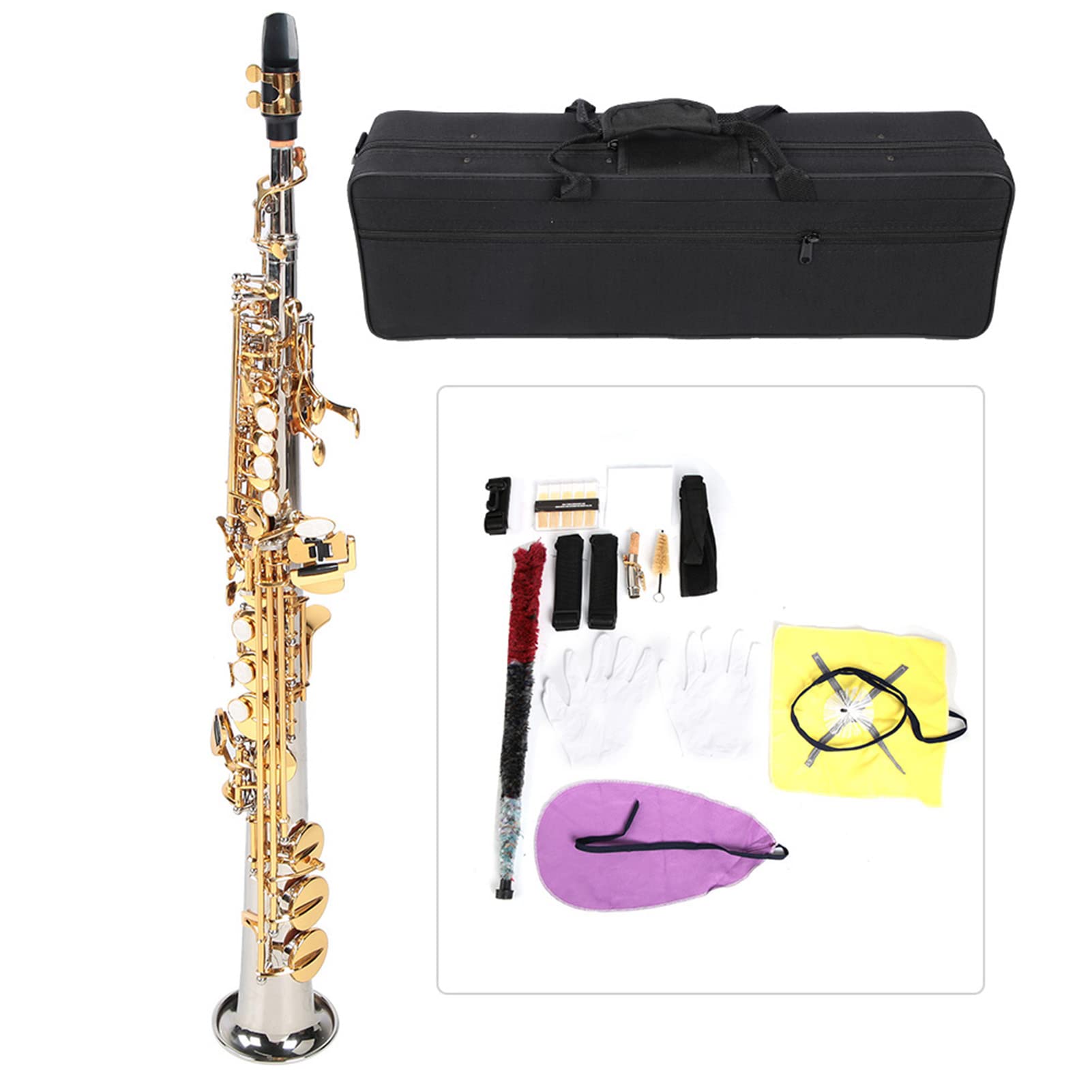 Oumefar Saxophe Ottone 64 × 24 × 16 Sassofono Soprano Dritto in Ottone Professionale Tubo Placcato Argento Sax Chiave Oro con Borsa per il Trasporto