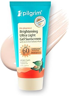 PILGRIM 5% Vitamin C Brightening Ultra Light Gel Sunscreen SPF 60 PA++++ 45ml UVA/UVB Protection No White Cast Fights Tanning, Brightens Skin Lightweight & Non-Greasy 45 ml (Pack of 1) Teal