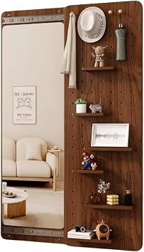 Real Wood, Full Body Mirror, Wall Mounted, Storage Included, Slotted Board Mirror, Hook, Shelf, Slide-Type, Shatterproof, Safe Design, Compact, Space Saving, For Entryways, Bedrooms, and Studios B,30
