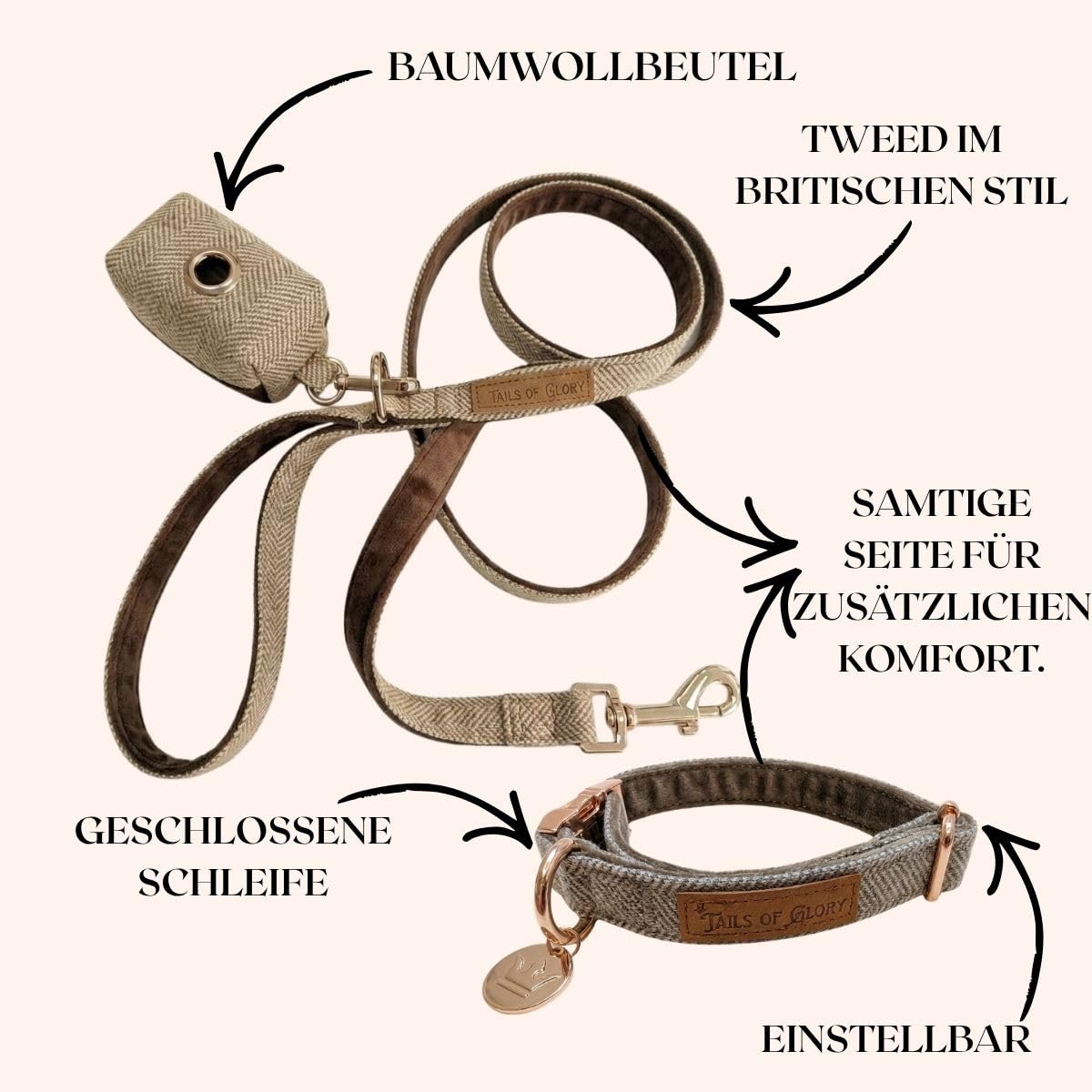 Halsband und Leine Set für Hunde aus Tweed und Samt, 3-teilig | Tails of Glory: verstellbares Hundehalsband, 150 cm Leine und Kotbeutelspender für stilvolle Spaziergänge.
