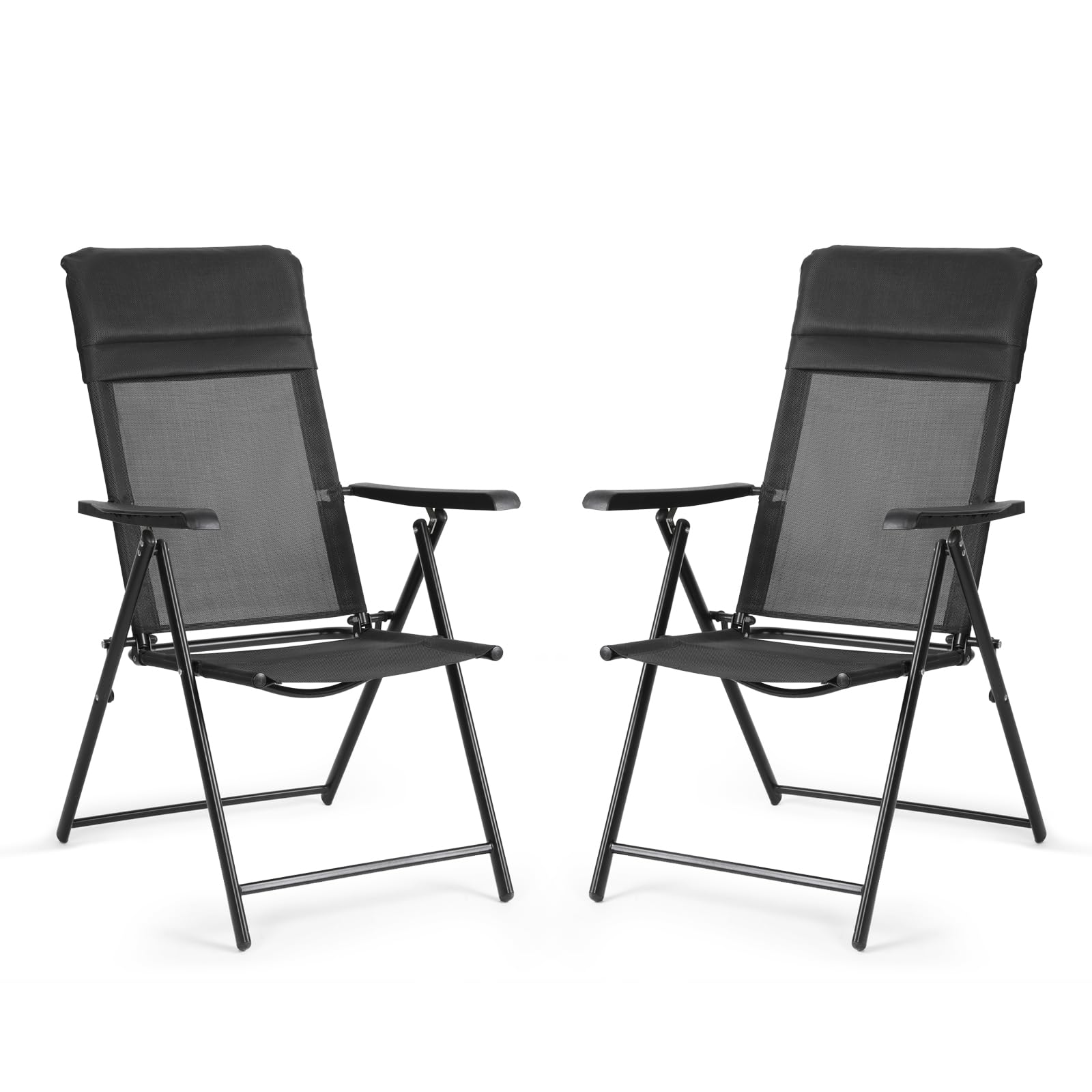 VOWNER Pack de 2 Sillas de Jardín Plegables – Silla Exterior con Respaldo Alto y Reposacabezas Extraíble – Sillones de Jardín de Textileno Transpirable y Metal – Ideal para Terraza, Balcónm, Negro
