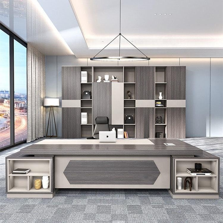 Image of Modern Executive Director Table with L-Shape Design, Open Storage & Premium Grey Wood Finish for Corporate Office (LDL-760 MDFL L6W3)