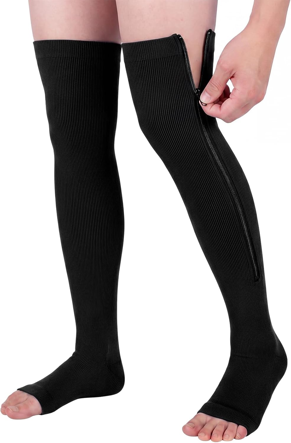 Mens Open Toe Thigh High Zipper Compression Socks 15-20 mmHg Over the Knee Stockings for Swelling Edema