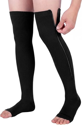 Mens Open Toe Thigh High Zipper Compression Socks 15-20 mmHg Over the Knee Stockings for Swelling Edema