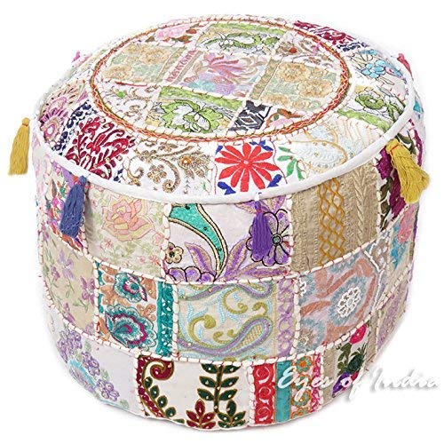 GANESHAM Indian Home Decor Hippie Patchwork Bean Bag Boho Bohemian Hand Embroidered Ethnic Handmade Pouf Ottoman Vintage Cotton Floor Pillow & Cushion (13" H x 18)" Diam. (Navy Blue)