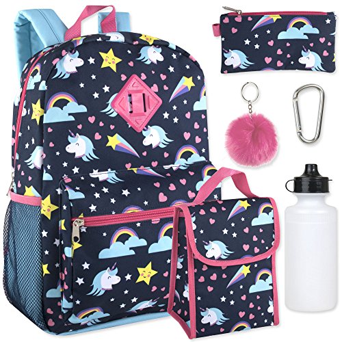 Girl's 6 in 1 Backpack Set With Lunch Bag, Pencil Case, Bottle, Keychain, Clip (Unicorn)