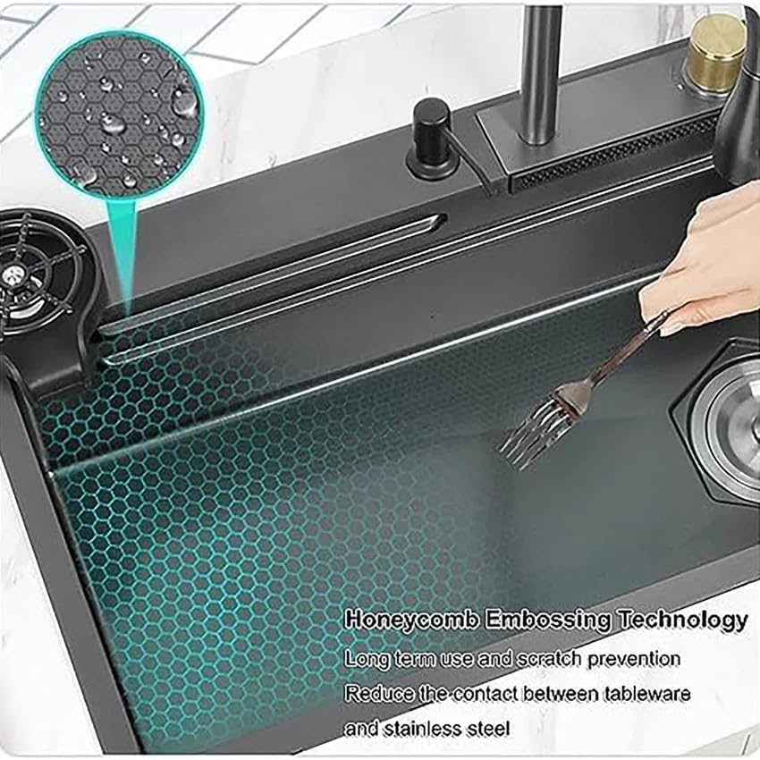 Waterfall Kitchen Sink, 304 Stainless Steel, 30x18x9 Inch, Matt Black, with Cup Washer, Drain Baskets, photo 3 of 5