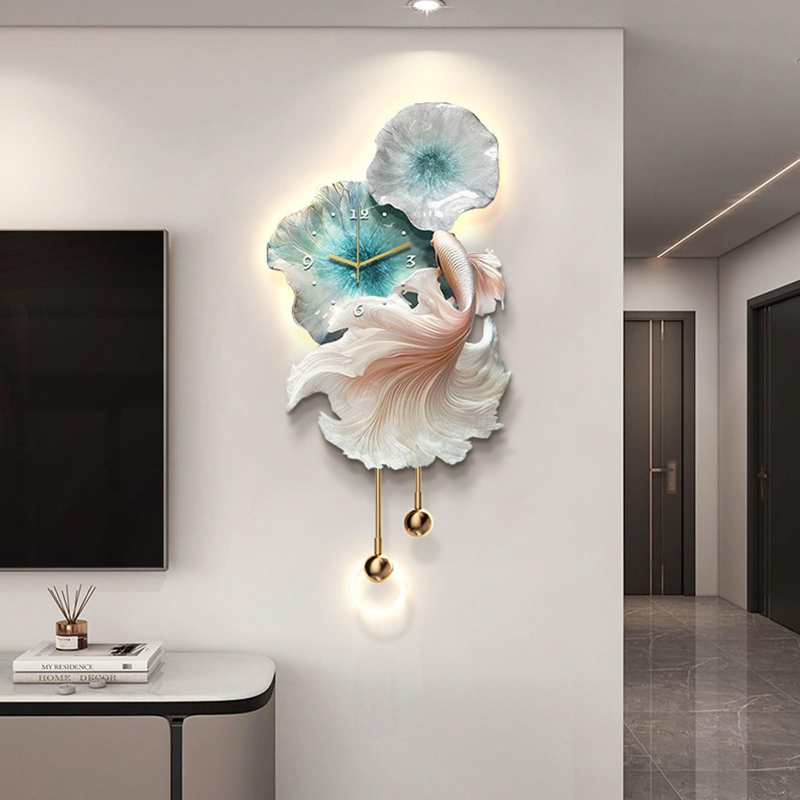 ITOSUI Large Decorative 3D Wall Art Clock with LED Light,Koi Fish Creative Wall Sculptures,Silent Wall Clocks,for Living Room Bedroom Kitchen Office Decor(Blue A,19.7 * 39.4")