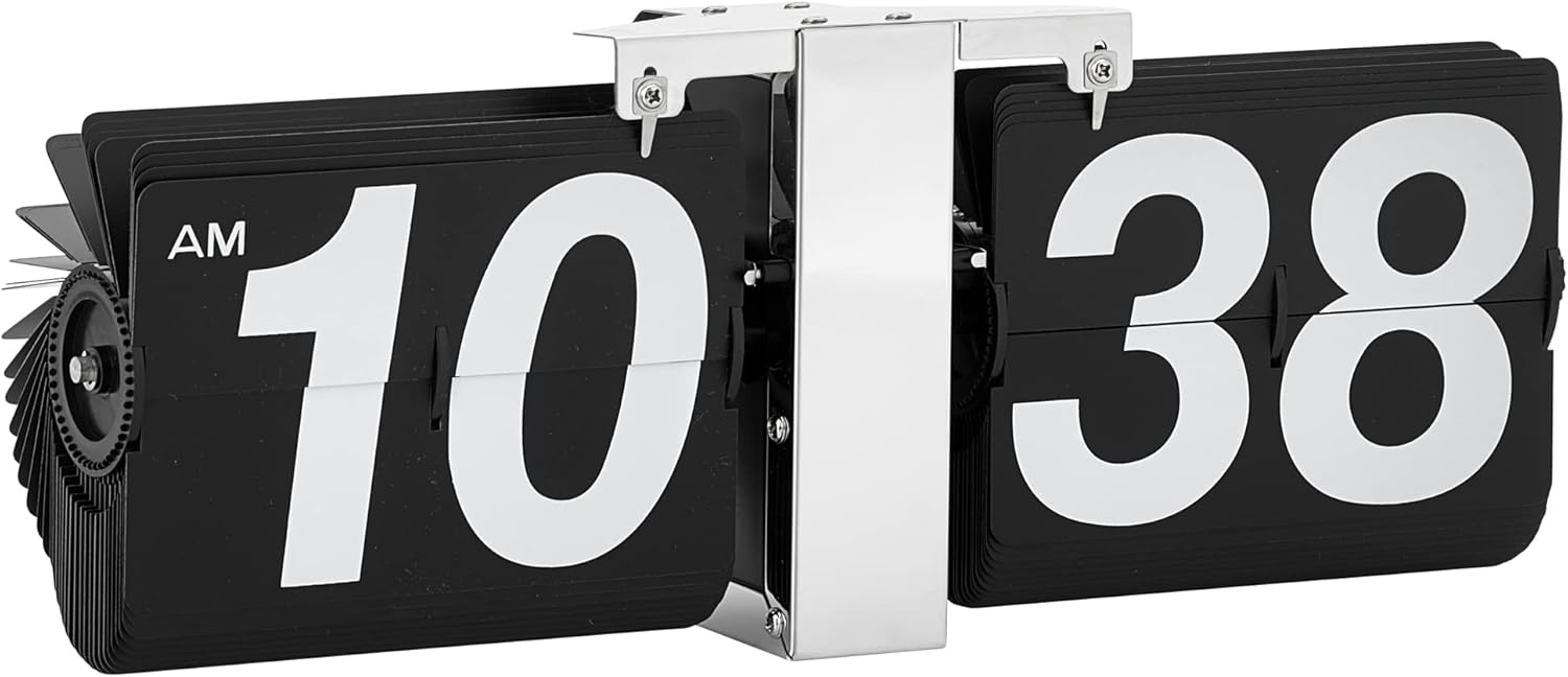 Torre & Tagus Retro Flip Clock – Oversized Wall or Tabletop Silent Analog Clock, Battery Operated Mechanical Timepiece, 14.25-Inch Long, Black and White