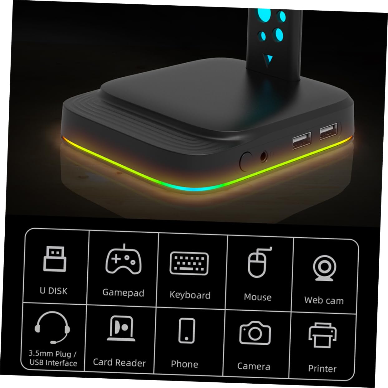 Supporto per Cuffie da Tavolo LED Regolabile e Hub USB Multiuso per Scrivania Supporto per Auricolari e Trasmissione Dati