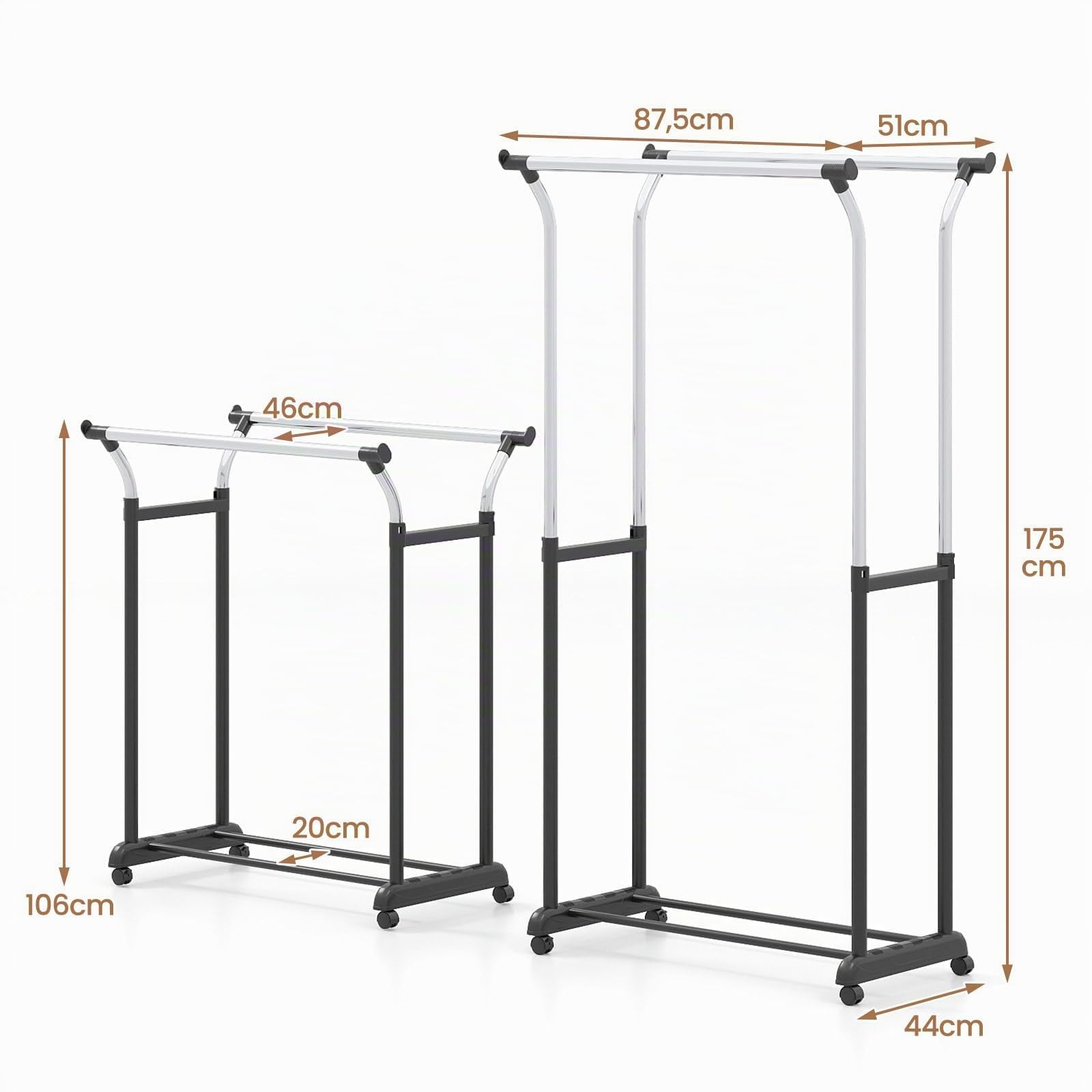 RELAX4LIFE Stand Appendiabiti con Ruote, Doppia Asta in Metallo con Altezza o Larghezza Regolabile, 4/6 Ruote Girevoli con 2 Bloccabili, Appendiabiti Robusto e Portatile, 87,5x51x106-175cm (Stile2)