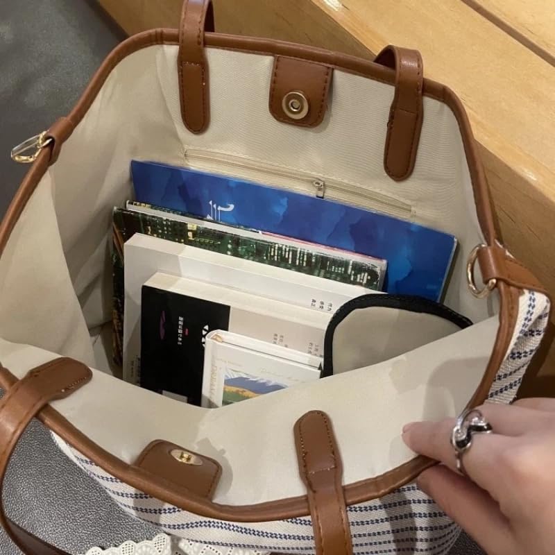 Bolso tote para mujer, de gran capacidad con rayas, estilo informal y relajado para trabajo, bolso de hombro de lona con cierre magnético miniatura 6