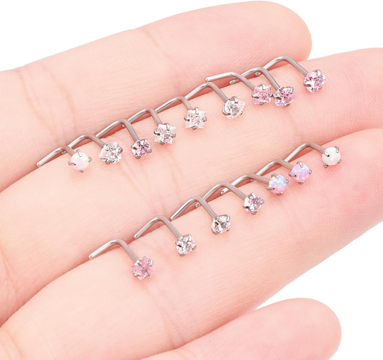 Pink Nose Ring Studs - Surgical Steel Nose Piercings 20G, 18G L-Shaped - Cubic Zirconia - 16 Pcs