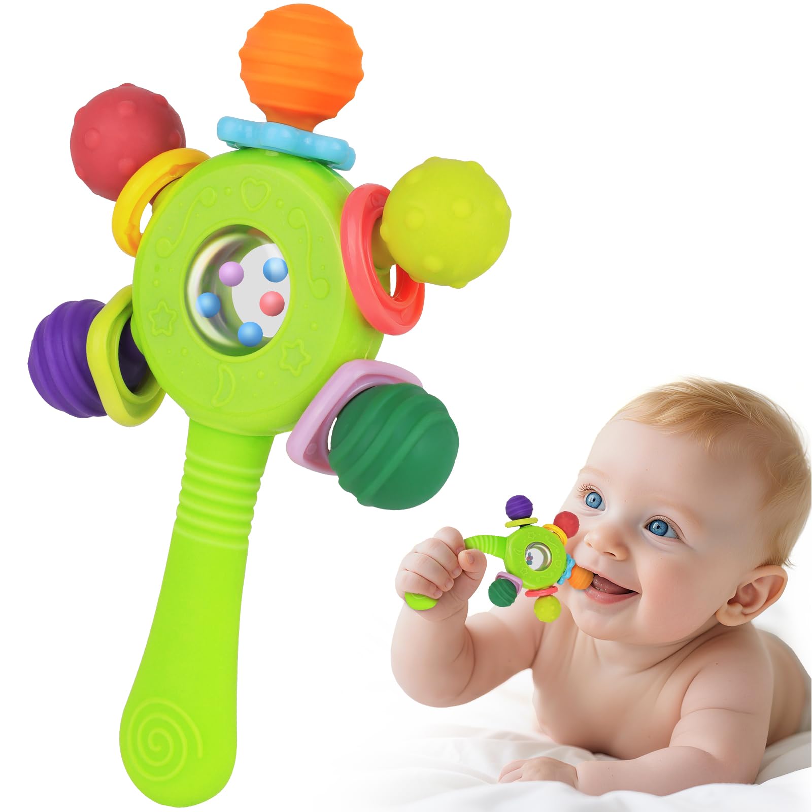 Baby Toys 0-6 Months,Sensory Toy for Baby 0-6 Months Montessori Rattle Early Educational Teething Toys for Babies Teether Chew Partner Gift for Newborn Boys and Grils (Green)