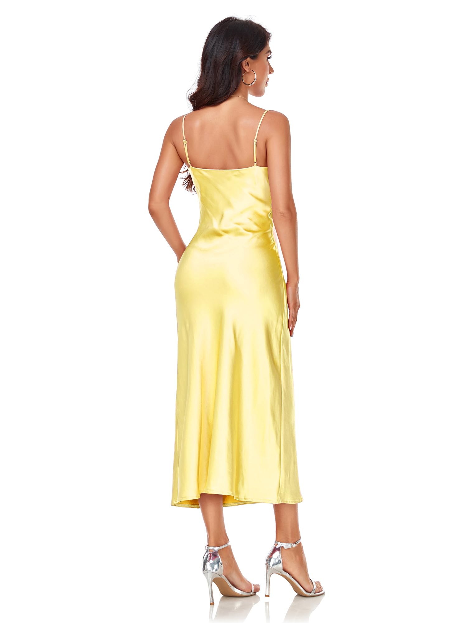 Atnlewhi Robe de nuit sexy en satin à bretelles spaghetti pour femme - Col cascade - Robe midi d'été pour femme