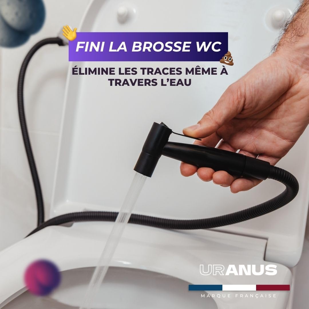 Douchette WC Anti-Fuite Noire - Marque Française - Kit Complet Bidet Hygiénique avec Robinet 3 Voies, Pistolet, Flexible et Support - Jet Réglable Haute Pression - Brevet Déposé