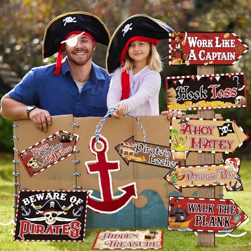 Image of Hooqict 20 Pieces Pirate Party Decorations Sign Beware of Pirates Party Directional Signs Pirate Themed Birthday Party Banner Supplies