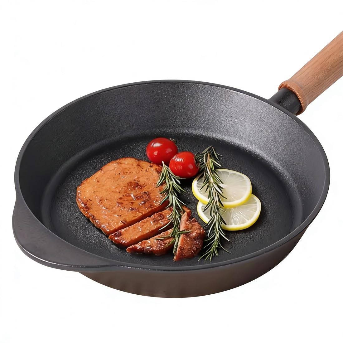 Gusseiserne Steak-Grillpfanne, Bratpfanne, Ofenpfanne aus Gusseisen mit Holzgriff, Eierpfanne, Küchenpfanne für Omelettes, für Induktionsherde geeignet