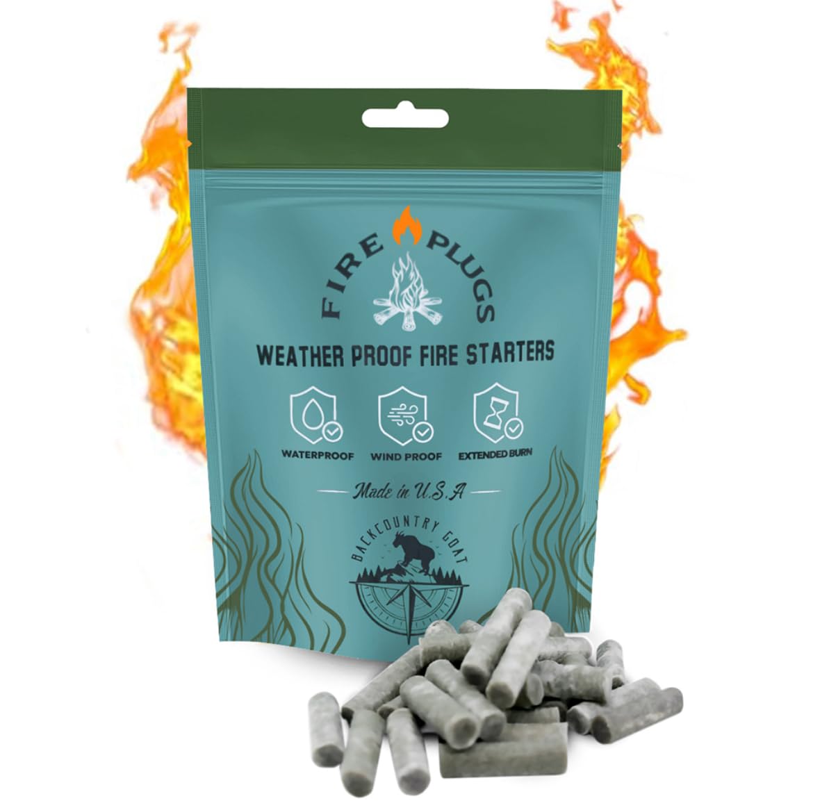 (50 Plug Pack) Backcountry Goat Premium Fire Plugs | Fire Starters for Indoor Fire Places, Campfires, BBQ, Smokers, Fire Pits & Emergencies | 100% Waterproof Fire Starter | All Natural Easy to Light