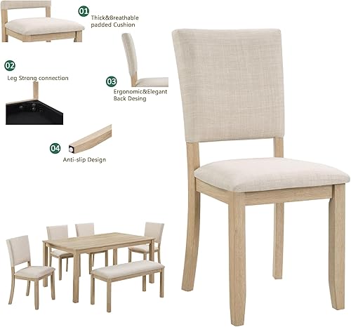 Miniatura 6 de Juego de mesa de comedor para 6, juego de sillas de mesa de cocina de 6 piezas con mesa rectangular, 4 sillas tapizadas de lino y banco, juego de