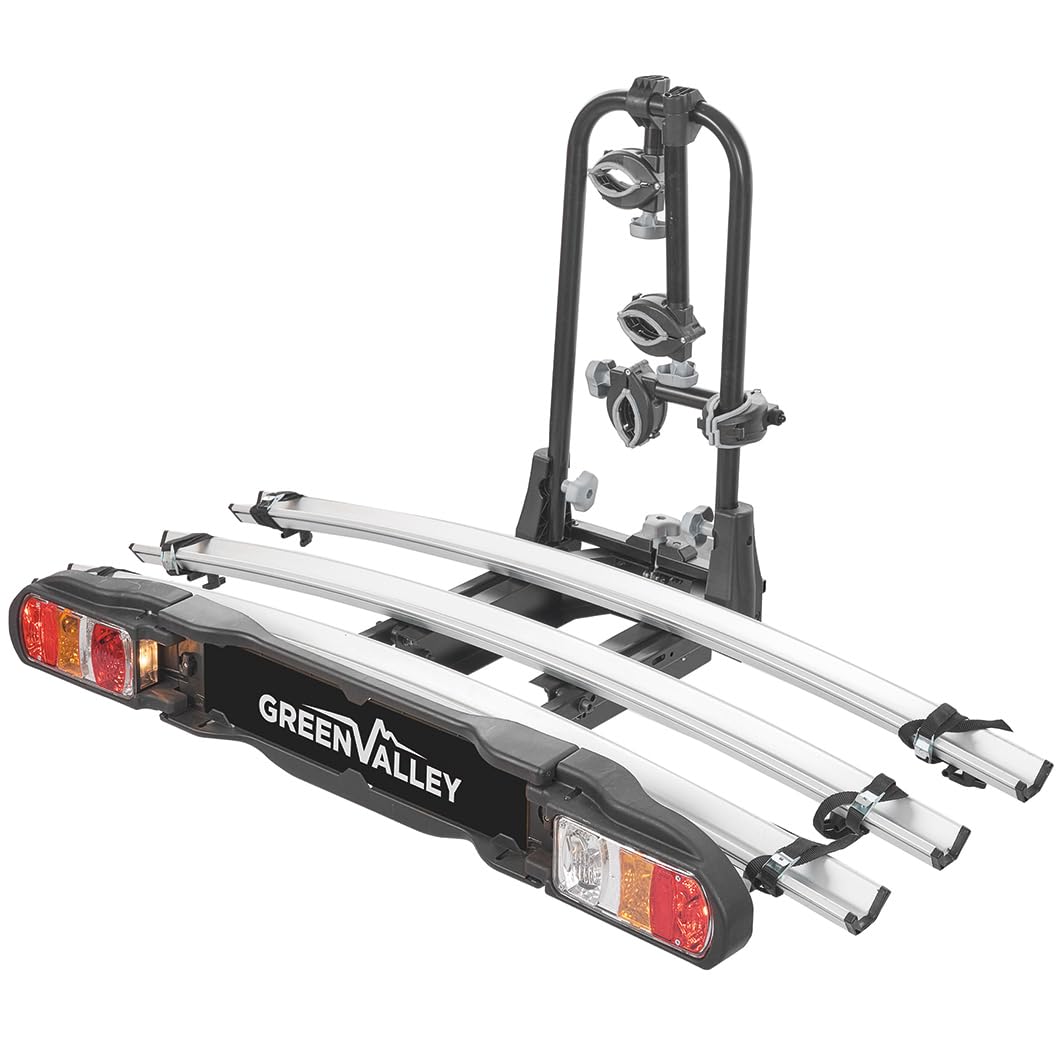 Green Valley 160668 - Plataforma para portabicicletas con Enganche inclinable para Coche, 3 Bicicletas clásicas (2 Bicicletas eléctricas MAX), Plegable, inclinable y Segura, 60 kg