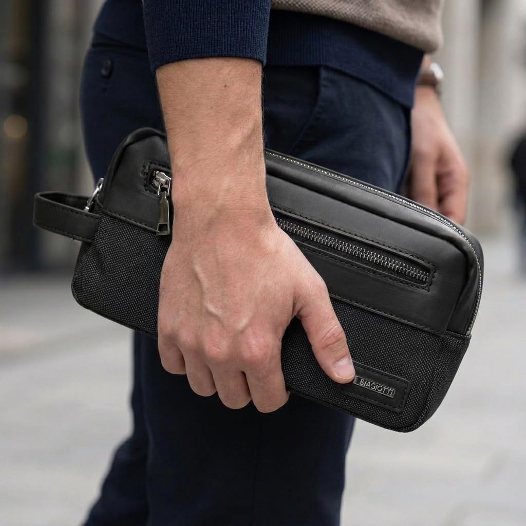 Biagiotti Uomo Pochette a Mano, Beauty Case Uomo Donna Multiuso da Viaggio, in PU con Maniglia, Trousse Morbida