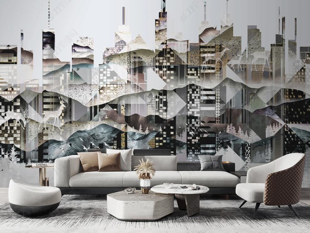 Peinture à l'encre sur papier peint intissé décor architectural panoramique 150 cm pour chambre