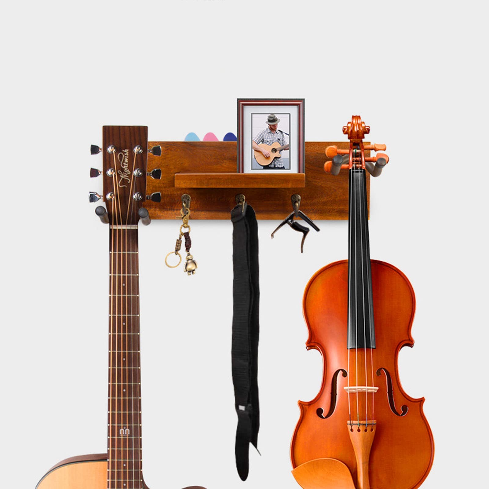 Soporte de pared para guitarra |Estante multifunción 4 en 1 para guitarras acústicas/eléctricas/clásicas |Perchero con estructura de hierro y madera maciza con acolchado de