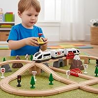 Vista 4 de NUOBESTY Tren de control remoto para pista de madera, funciona con pilas, motor motorizado con sonido e iluminación, conexión magnética, juguete