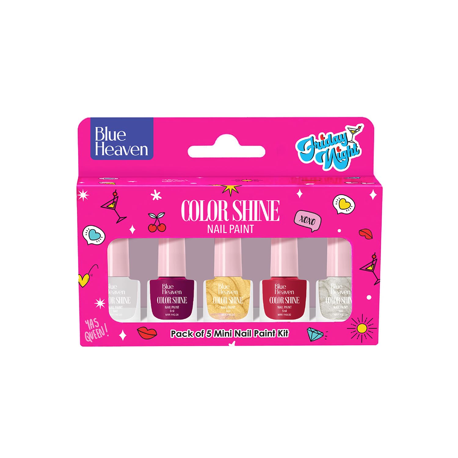 Blue Heaven Color Shine Nail Polish pack of 5, Glossy gel Finish Nail paint with Stunning colors for every Occasion - Friday Night, 25ml