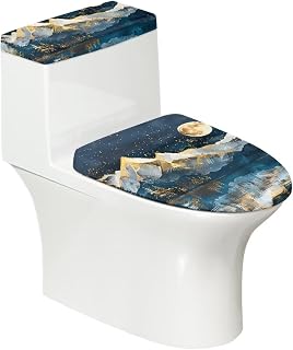 GLENLCWE Blue Moon View Painting Toilet Lid Cover and Toilet Tank Lid Cover,2Pcs Modern Toilet Seat Lid Cover Stretch Toilet Seat Cover for Bathroom Decoration