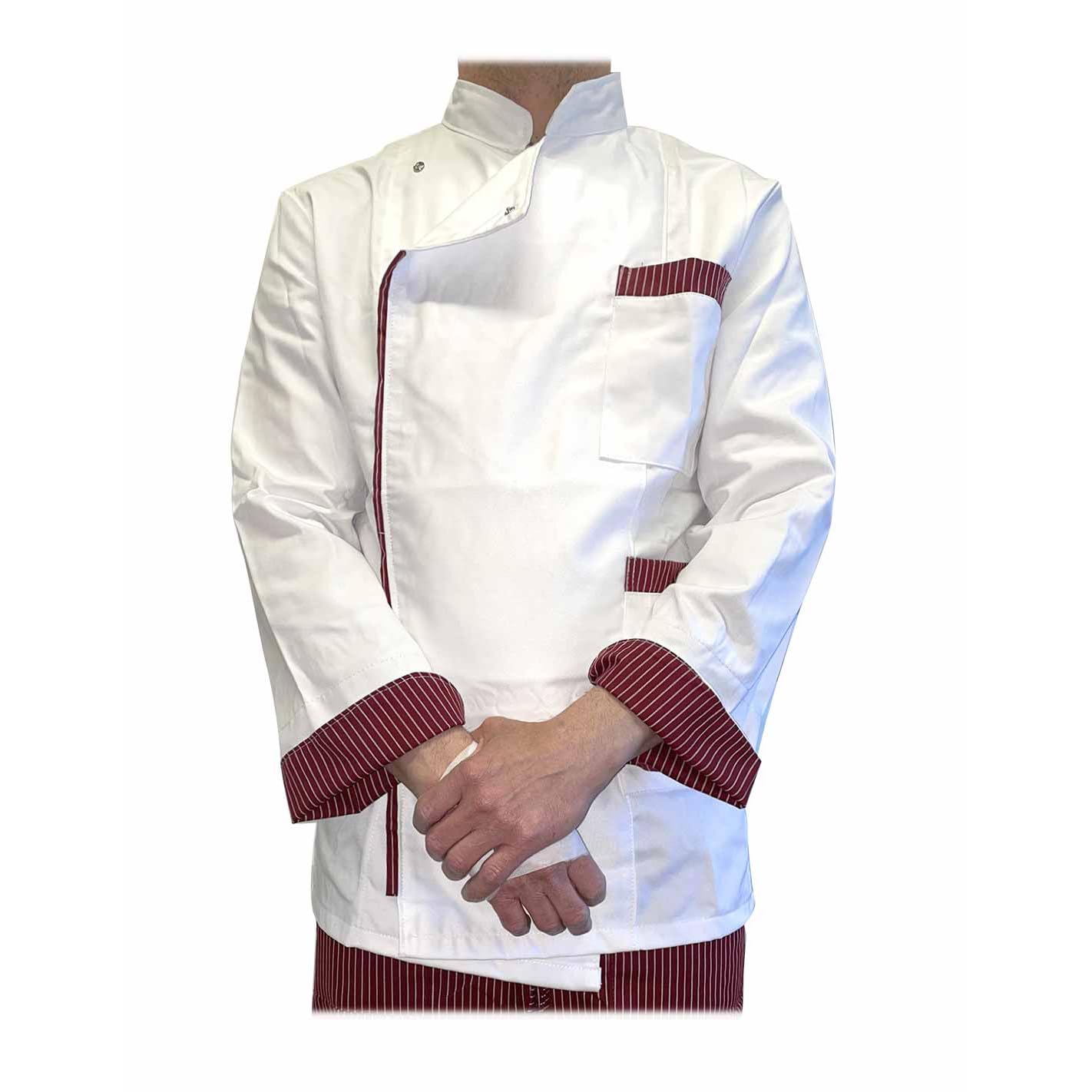 Giacca chef bianca profilo bordeaux gessato