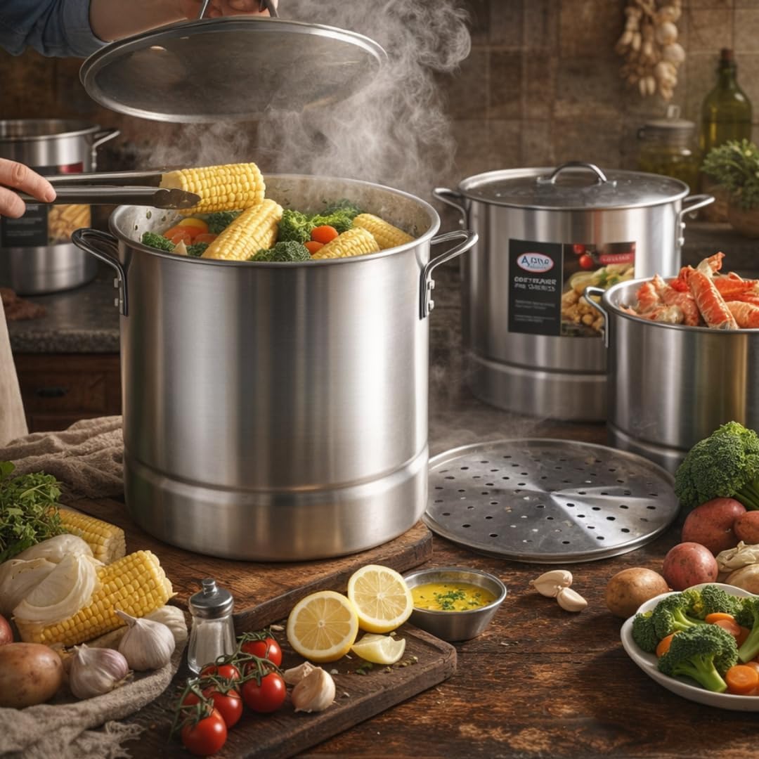 Alpine Cuisine 9-Piece Aluminum Steamer Pot Set with 56, 74.6 and 92.5 L Stock Pots, Heavy-Duty Lightweight Design for Seafood, Tamales, Pasta & Large-Batch Cooking