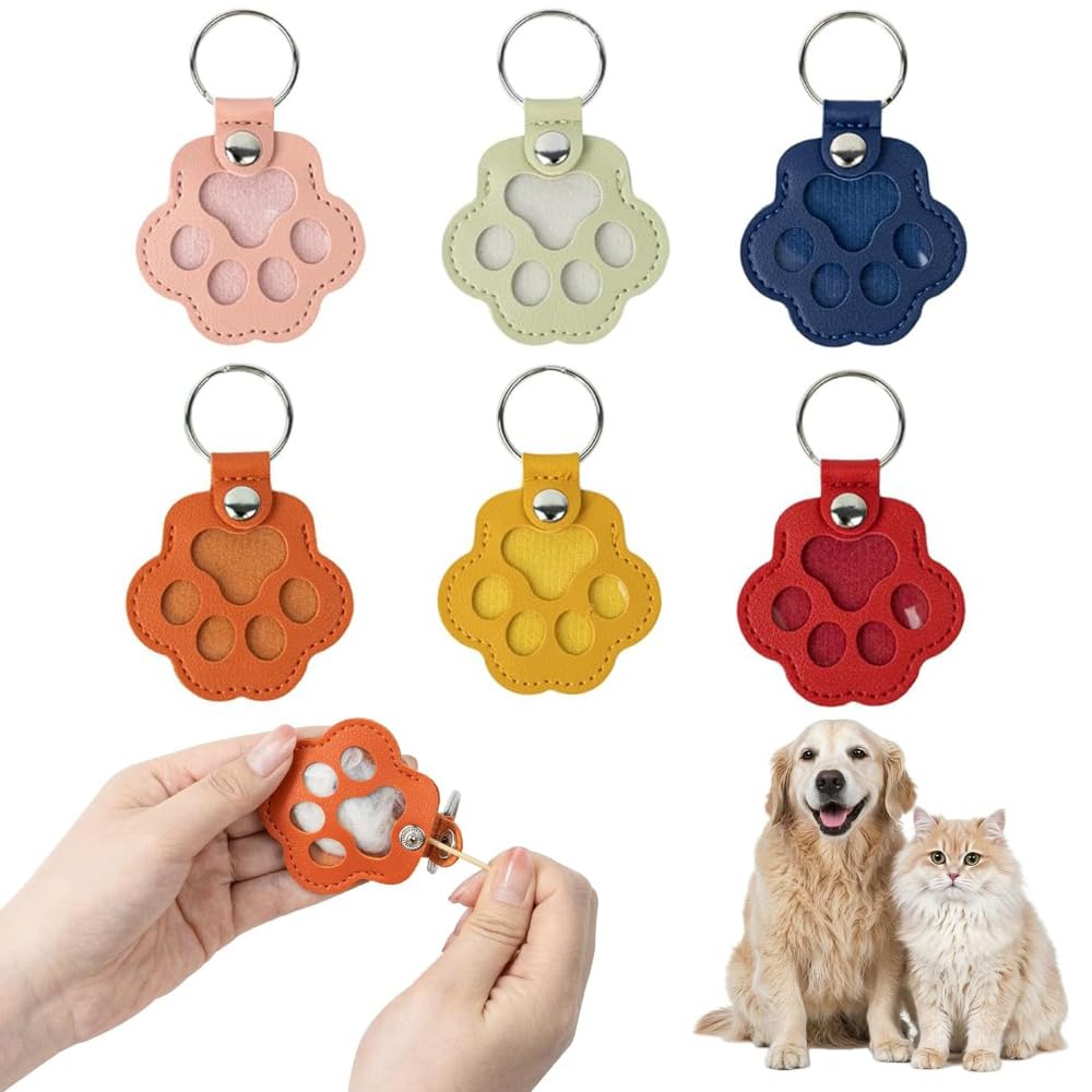6 Pack Pet Fur Keepsake Keychains, Paw Print Pet Hair Memory Keyrings, Dog Cat Memorial Charms with Key Rings for Bags, Keys, Pet Lovers and Keepsake Gifts, Mixed Colours