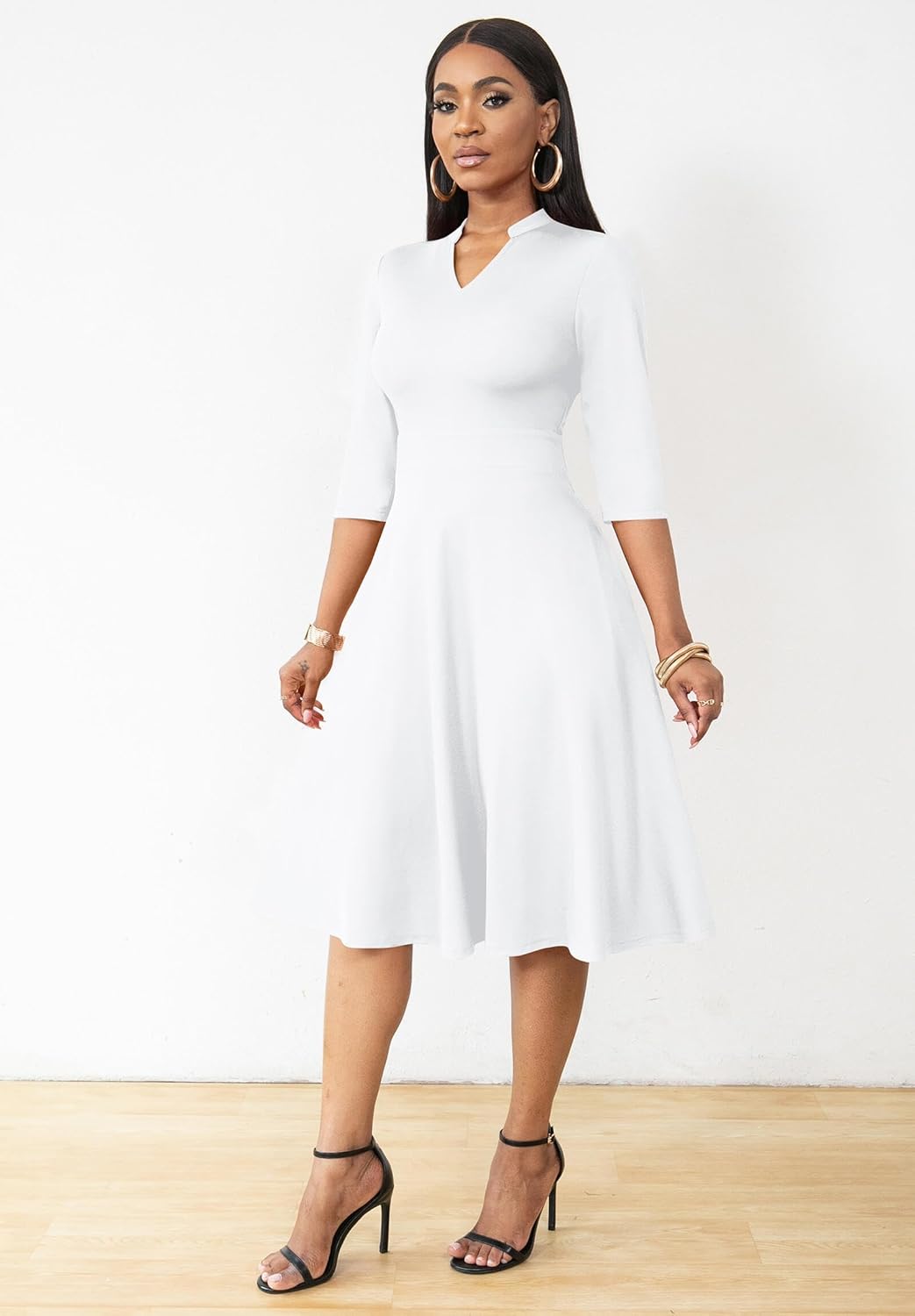 FANDEE Church Dresses for Women, Casual 3/4 Sleeve A-line Fit and Flare Dresses V Neck - Image 2