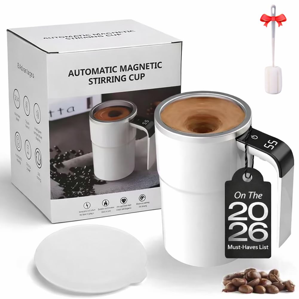 Automatic Self Stirring Coffee Mug with a Built-in LCD Thermometer, 2026 Rechargeable Automatic Magnetic Mixing Cup with Lid, Stainless Steel Material Perfect for Brewing Coffee, Milk, Etc (White)