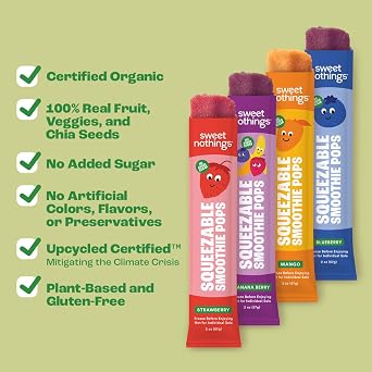 Sweet Nothings Smoothie Pops Variety Pack, 24 Count Freezer Pops, Fruit & Veggie Popsicles, No Added Sugar, USDA Organic, Vegan, Dairy Free, Dye Free