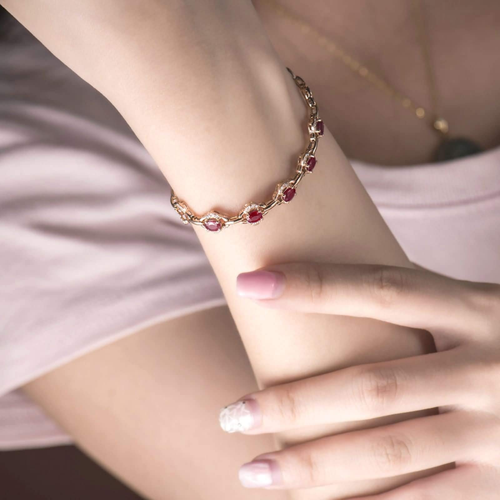 Kette Armband Roségold 9 Karat / 14 Karat / 18 Karat für Damen, Hohlblume und Oval mit Erstellter Rubin 1,26 Karat und Diamant, 16 CM + 5 CM Verlängerung, Rosegold Armband Damen